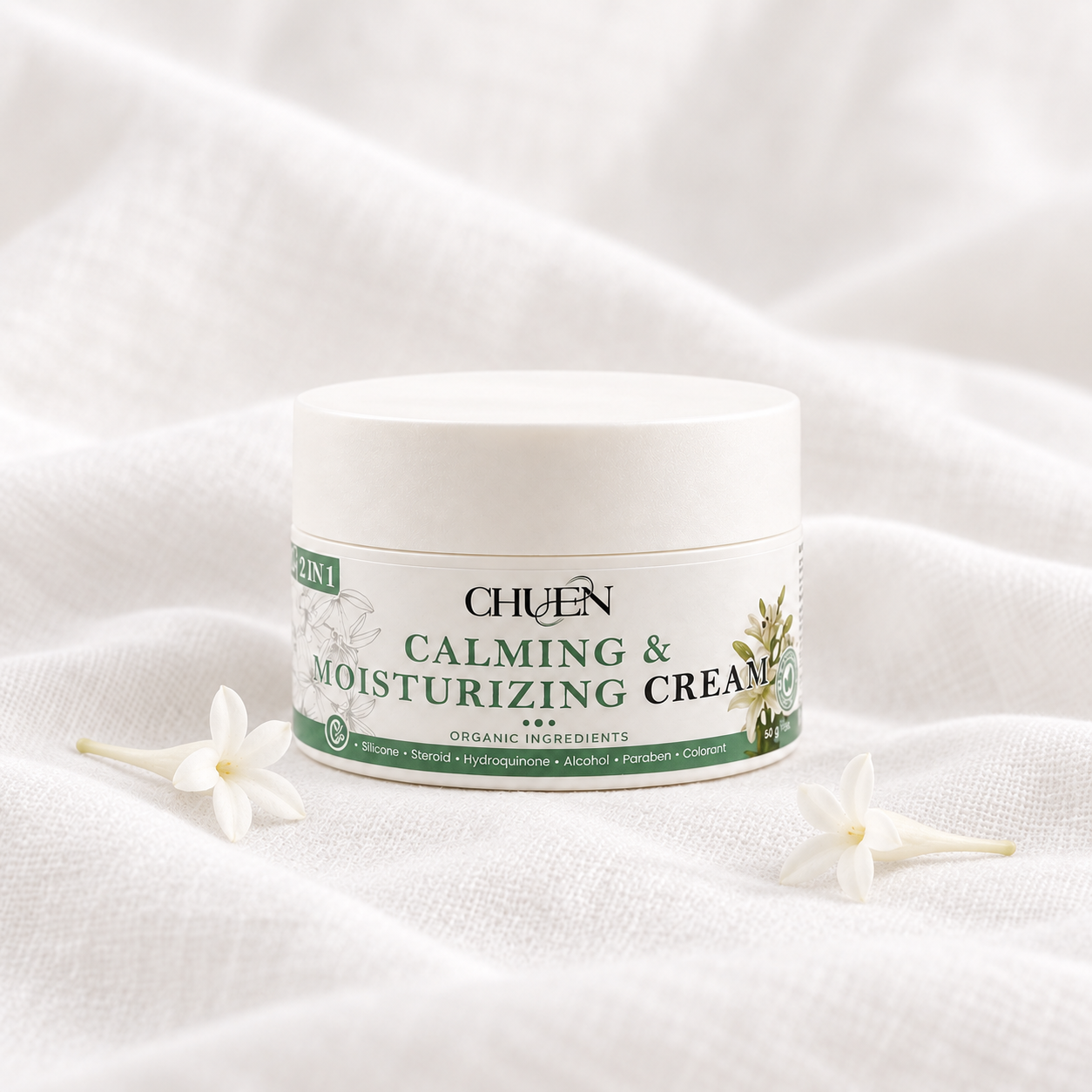 CHUEN Calming & Moisturizing Cream 50 g on white linen