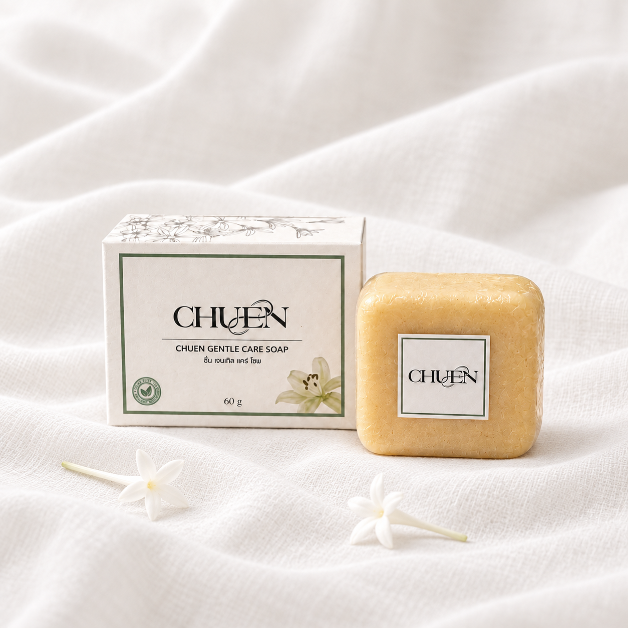 CHUEN Gentle Care Soap 60 g and its box on white linen