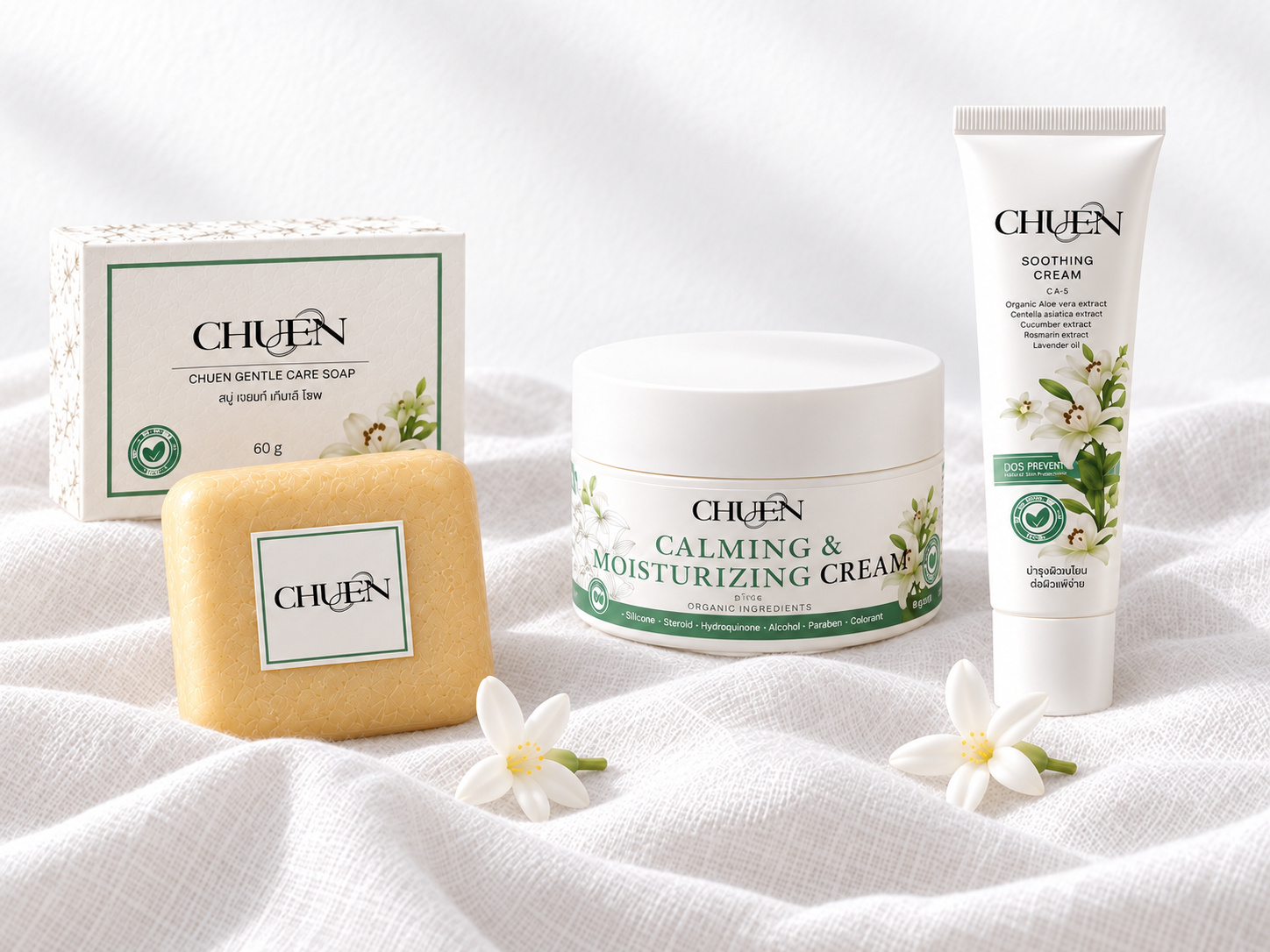 The three CHUEN products together on white linen