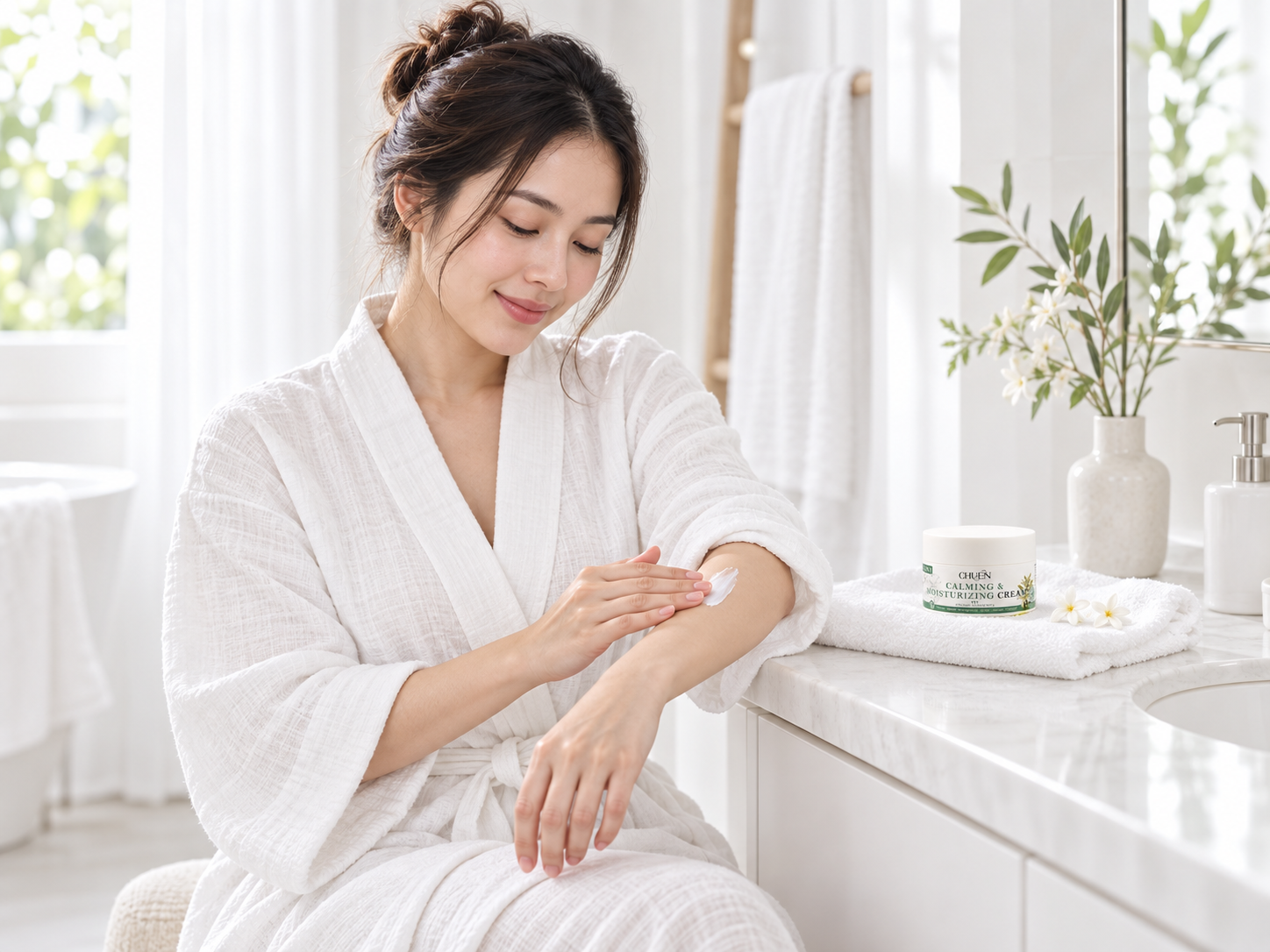 A woman applying moisturiser after a shower